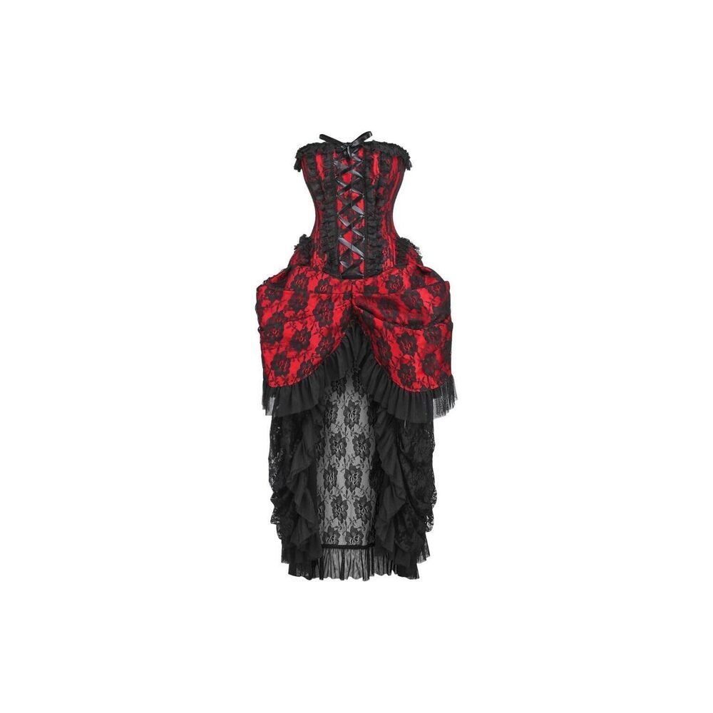 1444 Top Drawer Steel Boned Red w/Black Lace Bustle Corset Dress 4X